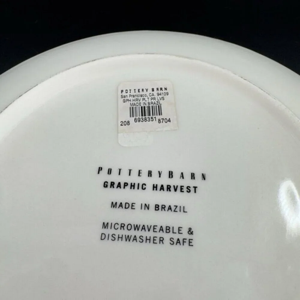POTTERY BARN Graphic Harvest Ceramic Dish‎ Plate Made In Brazil Round New Set 4